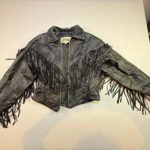 Vintage 1980s Black Chia Leather Fringe Western Biker Jacket